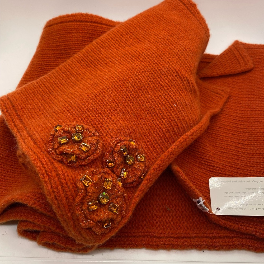 NWT Portolano Scarf Cashmere and Wool Blend 70” Burnt Orange with Floral Detail